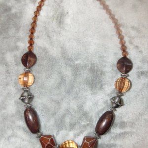 Vintage 26" Silvertone Amber Brown Chunky Beaded Statement Necklace